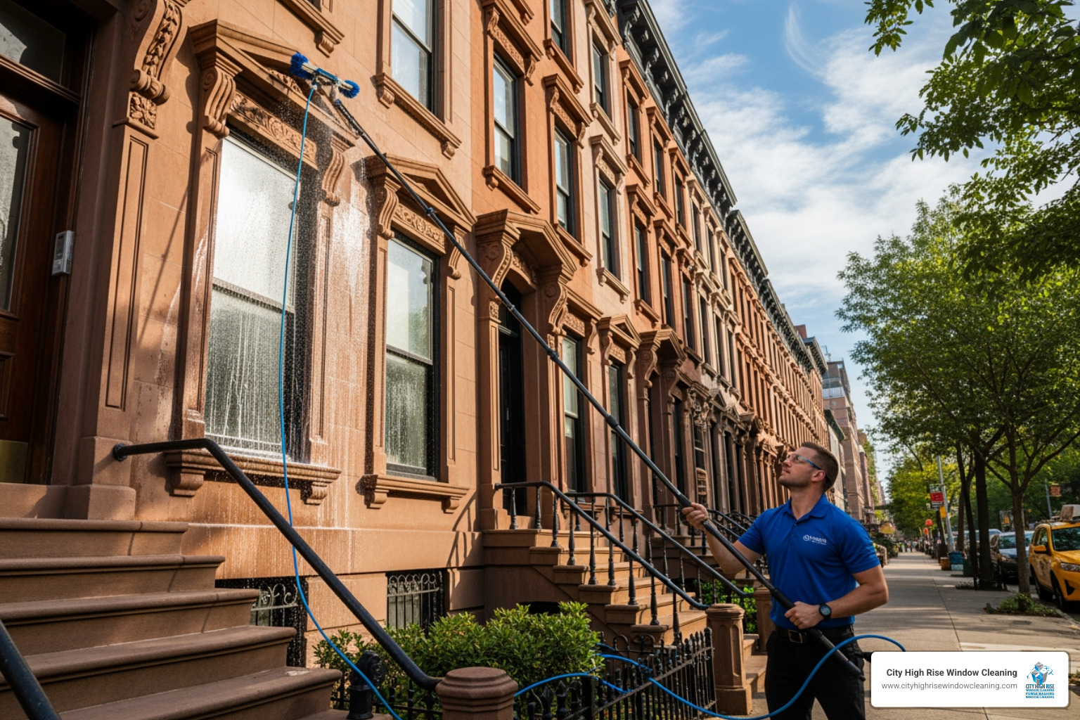 Window cleaner using a water-fed pole on a multi-story NYC home. Alt text: "Professional home window washing service in New York." - home window washing service Window cleaner using a water-fed pole on a multi-story NYC home. Alt text: "Professional home window washing service in New York." - home window washing service
