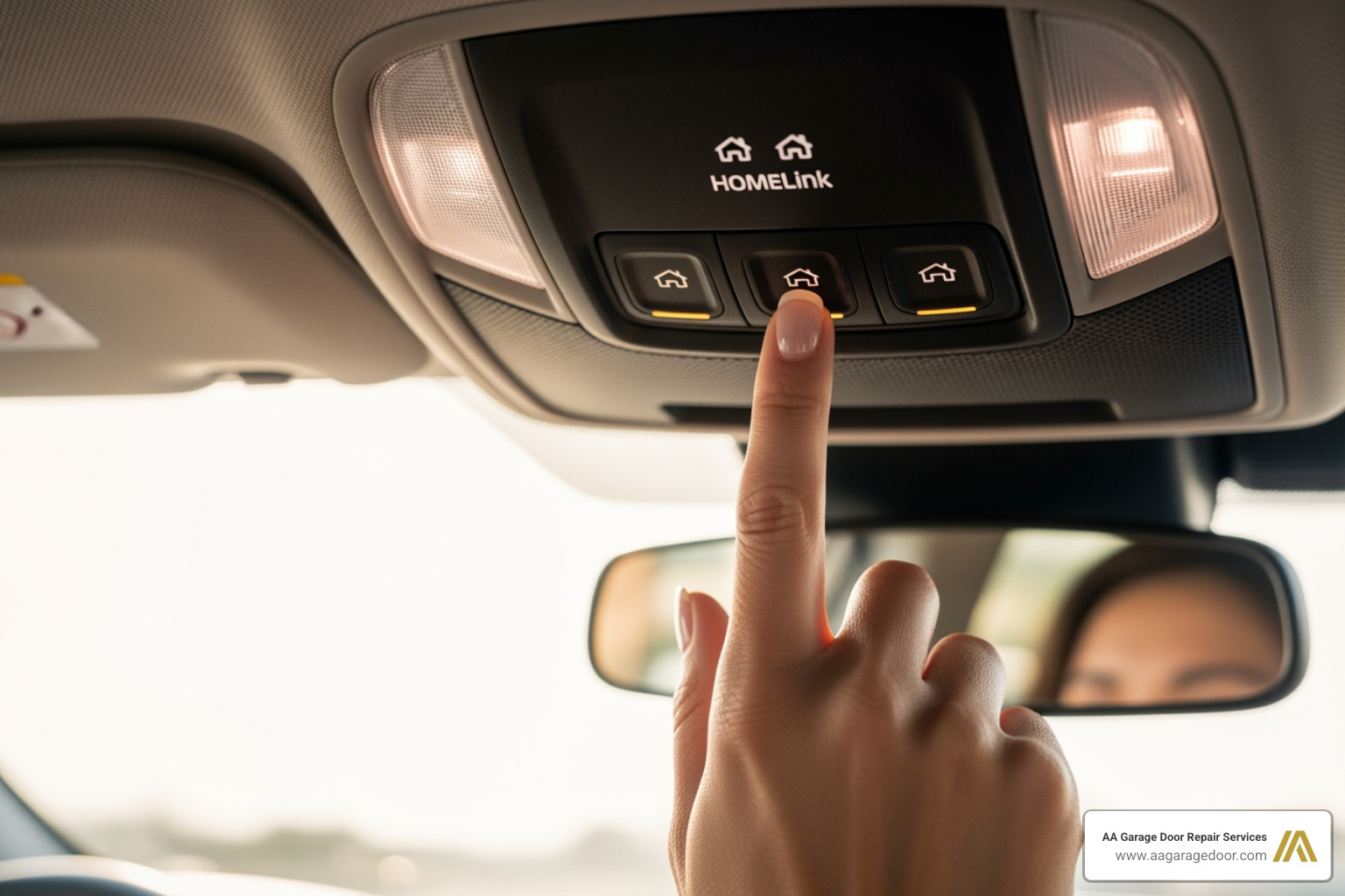 A person's hand pressing one of the three HomeLink buttons located on the overhead console of a car, with the car's interior visible. - how to reprogram garage door opener