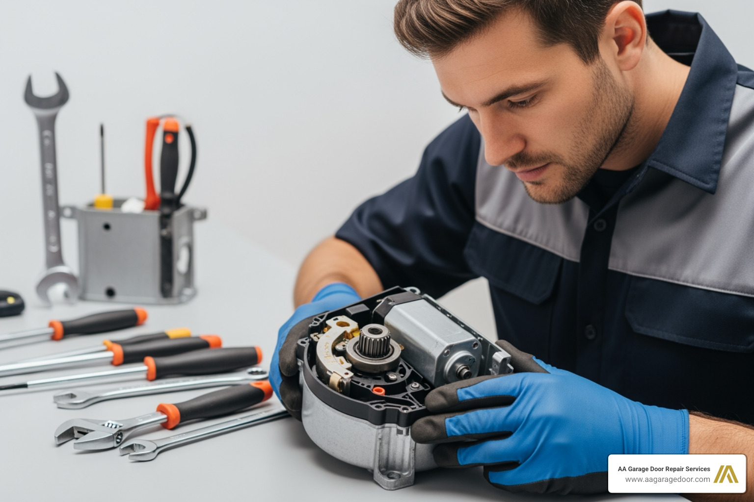A professional garage door technician is shown inspecting the internal components of a garage door opener motor unit, with tools laid out nearby, emphasizing expert service. - how to reprogram garage door opener