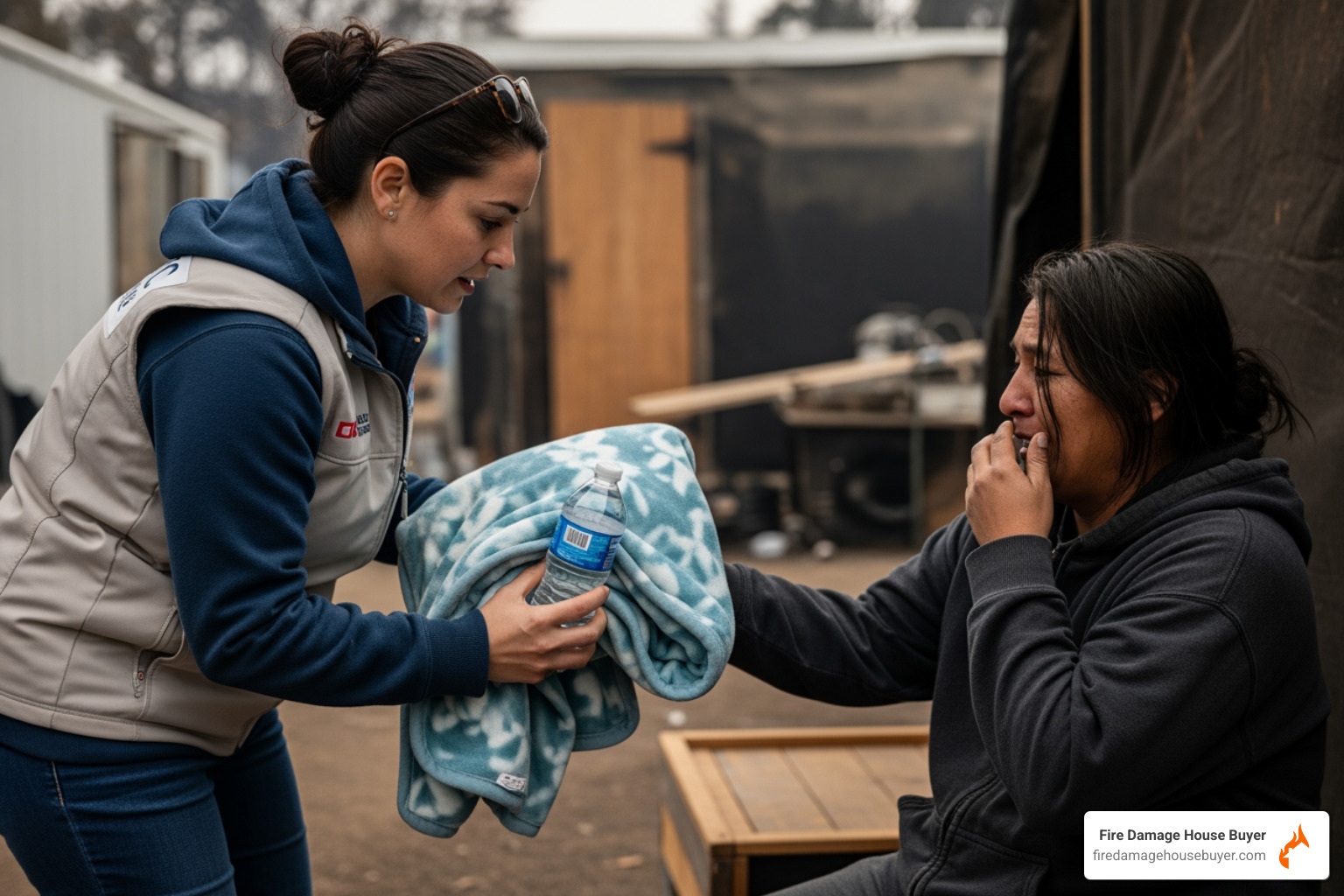 disaster relief volunteer providing blanket and water to fire victim - assistance for house fire victims disaster relief volunteer providing blanket and water to fire victim - assistance for house fire victims