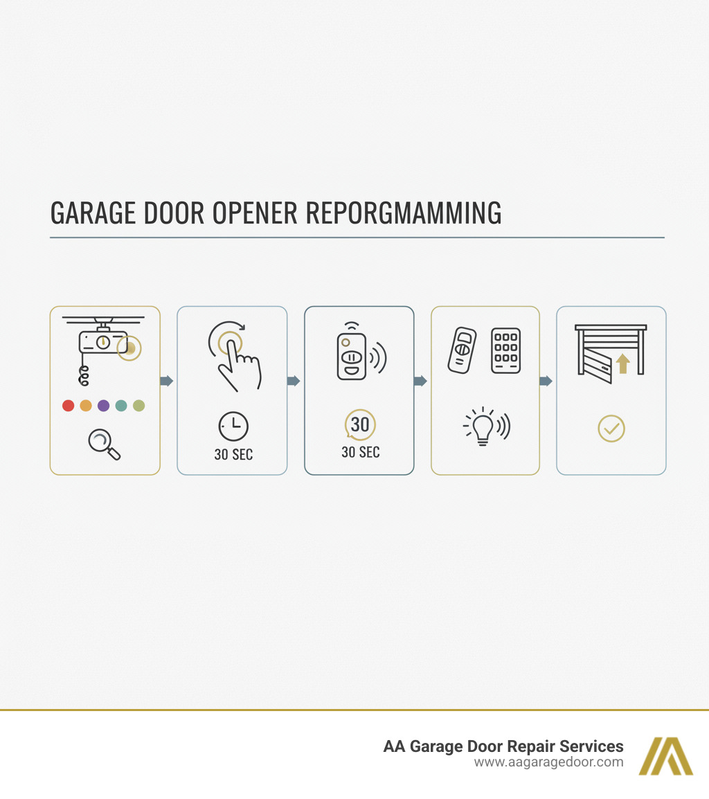 Infographic showing the complete garage door opener reprogramming process: Step 1 - Locate the Learn button on the motor unit near the antenna wire; Step 2 - Press and release the Learn button to activate 30-second programming mode; Step 3 - Press remote button or enter keypad PIN within 30 seconds; Step 4 - Watch for confirmation light flash or audible click; Step 5 - Test the programmed device. Icons show common Learn button colors (red, orange, purple, green, yellow) and typical locations on garage door opener units. - how to reprogram garage door opener infographic 