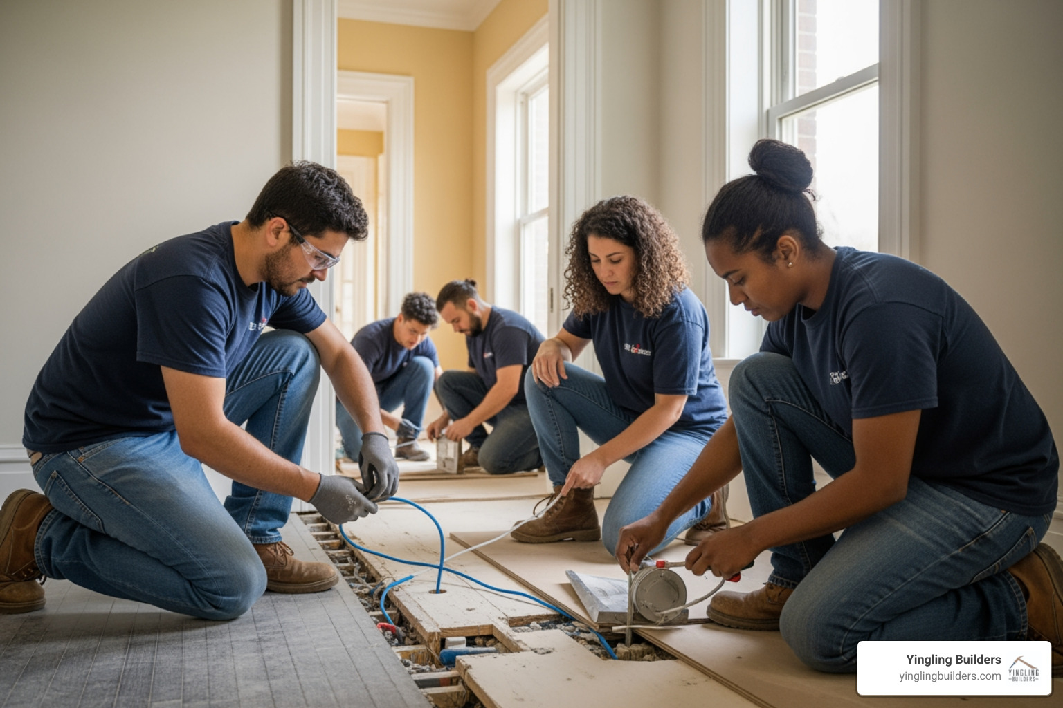 A dedicated construction team carefully working on the interior of a historic home, preserving original features while integrating modern elements. - historic home renovation