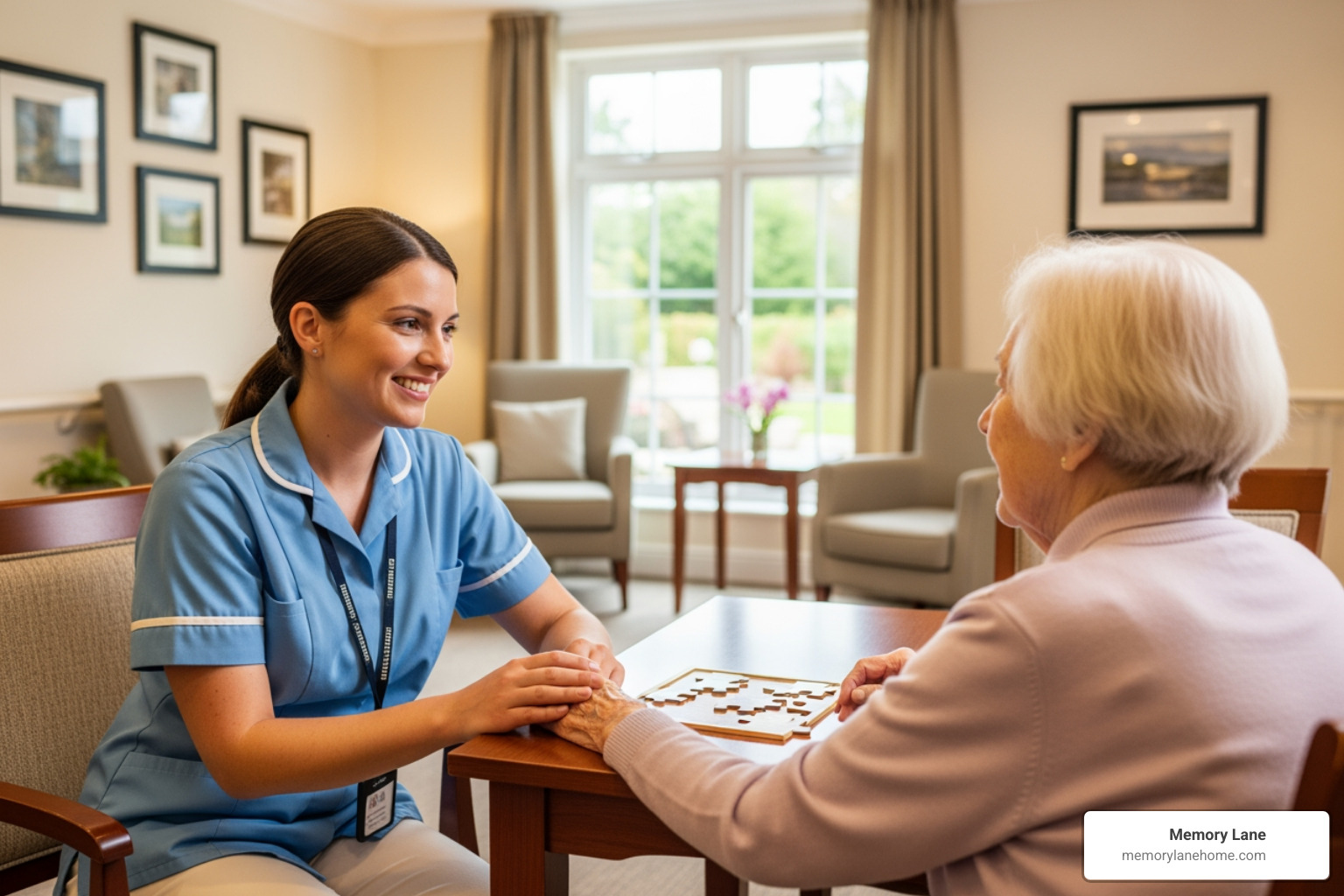 staff member interacting with resident - secure memory care unit staff member interacting with resident - secure memory care unit