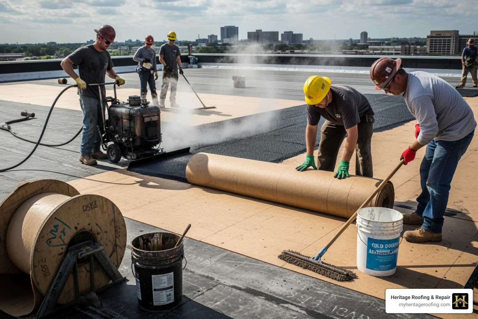layers of a BUR system being installed - built up roofing contractors