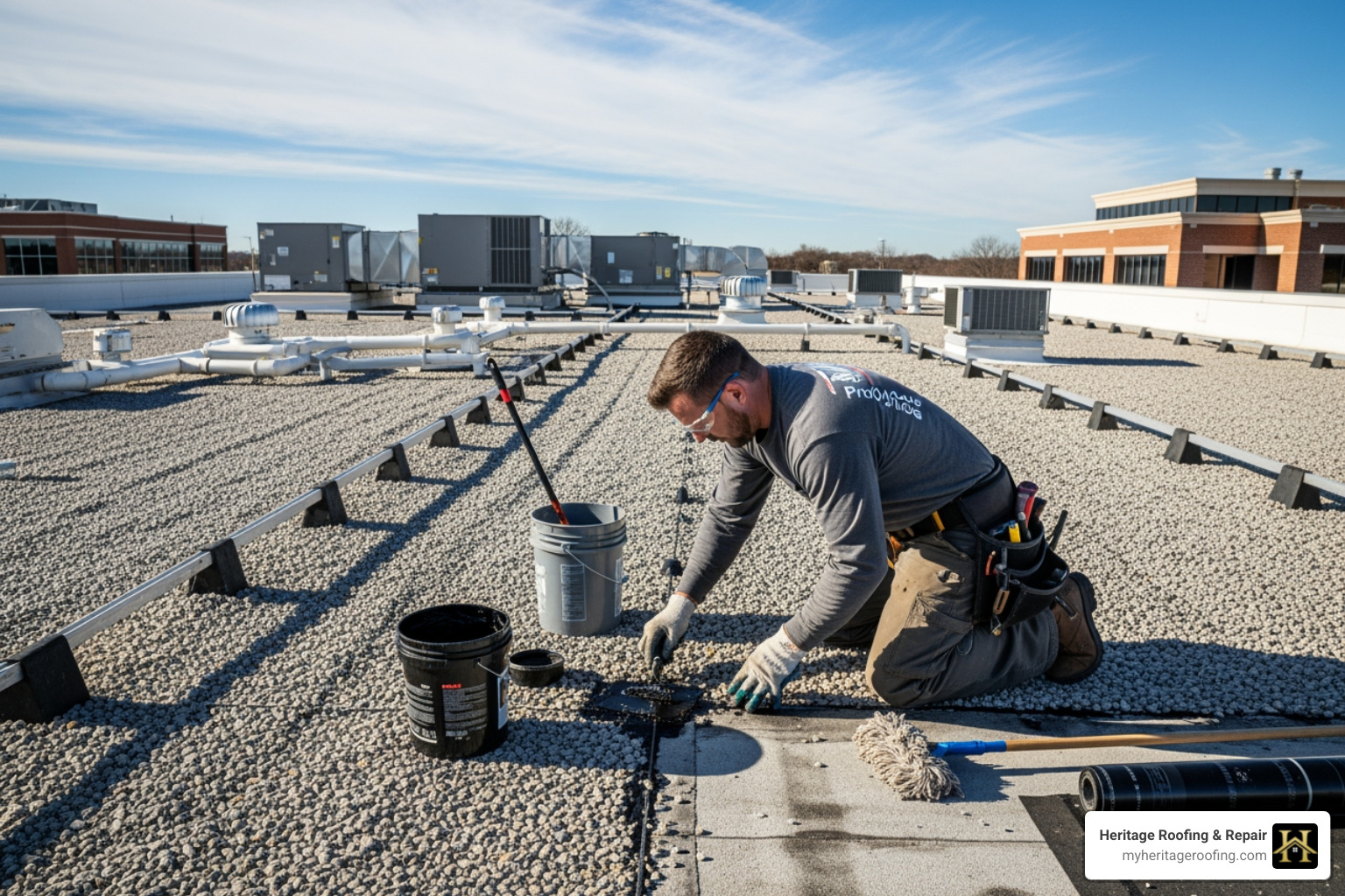 contractor performing maintenance on a gravel-topped BUR roof - built up roofing contractors