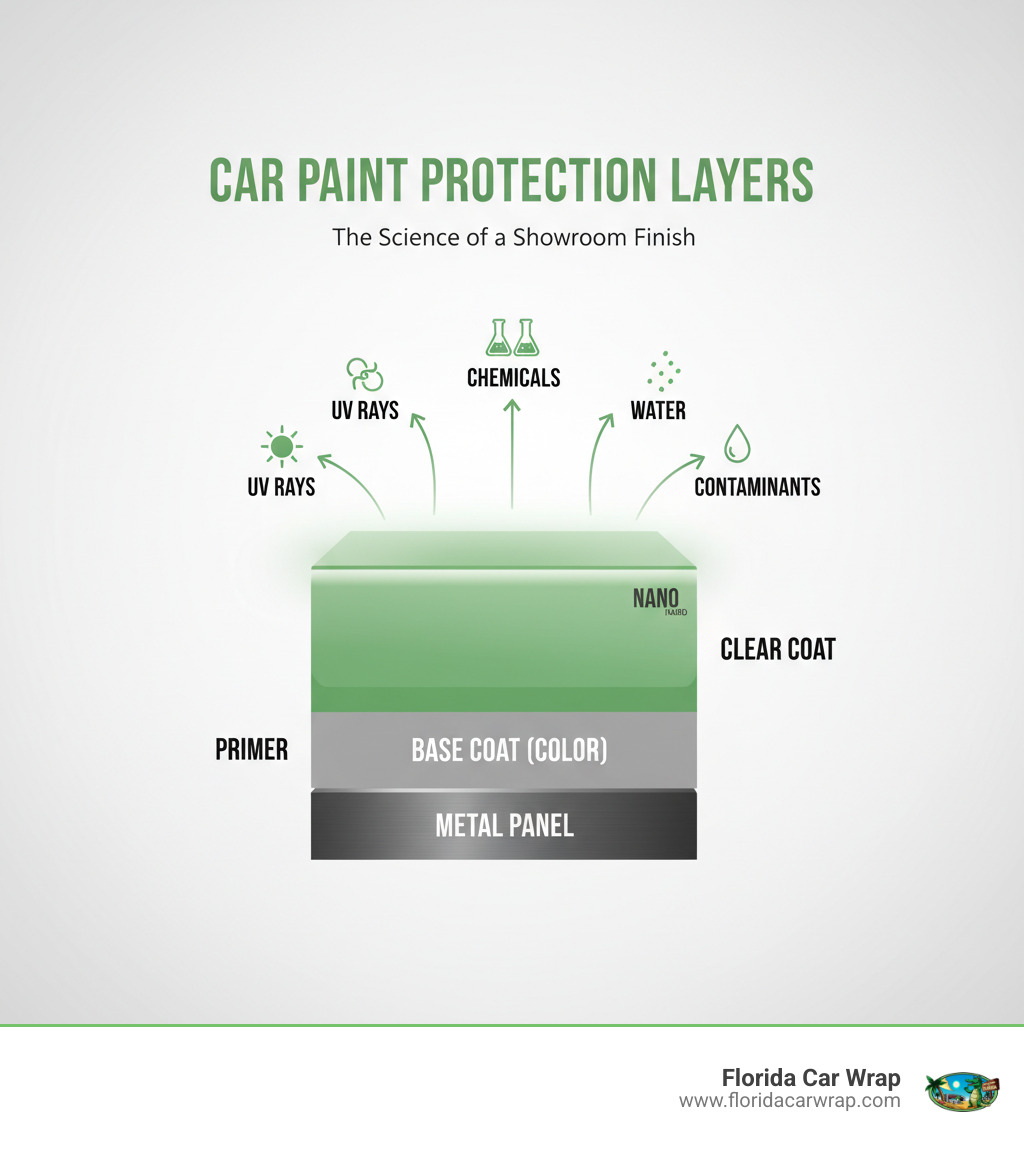 Infographic showing car paint layers from bottom to top: metal panel, primer, base coat (color), clear coat, and ceramic coating layer on top with arrows indicating protection against UV rays, chemicals, water, and contaminants - best car protection coating infographic 