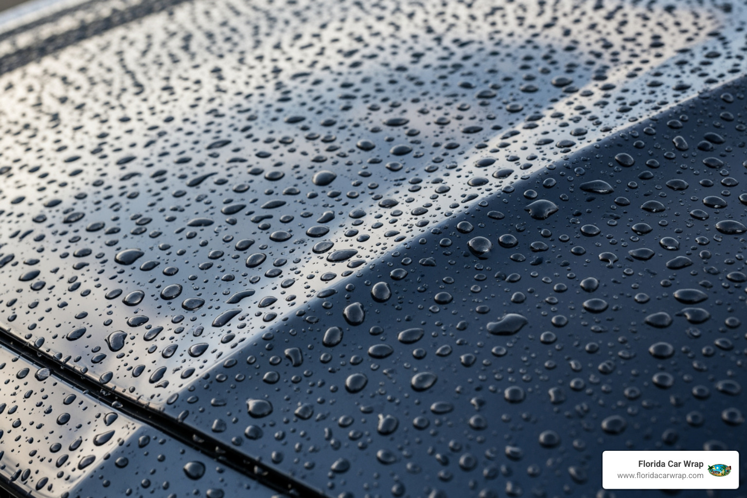 Close-up of water beading and rolling off a ceramic-coated car hood - best car protection coating