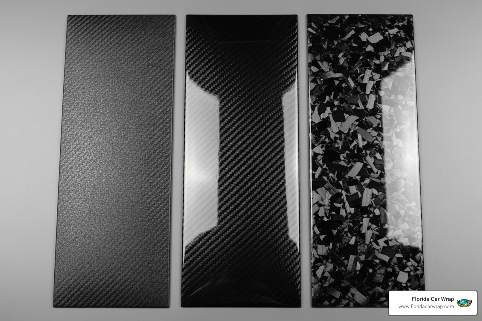 showcasing side-by-side swatches of matte, gloss, and forged carbon fiber wraps - carbon fiber car wrap showcasing side-by-side swatches of matte, gloss, and forged carbon fiber wraps - carbon fiber car wrap