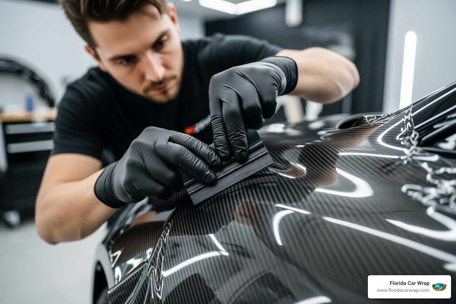 of a professional carefully applying a carbon fiber wrap to a car's curved surface - carbon fiber car wrap of a professional carefully applying a carbon fiber wrap to a car's curved surface - carbon fiber car wrap
