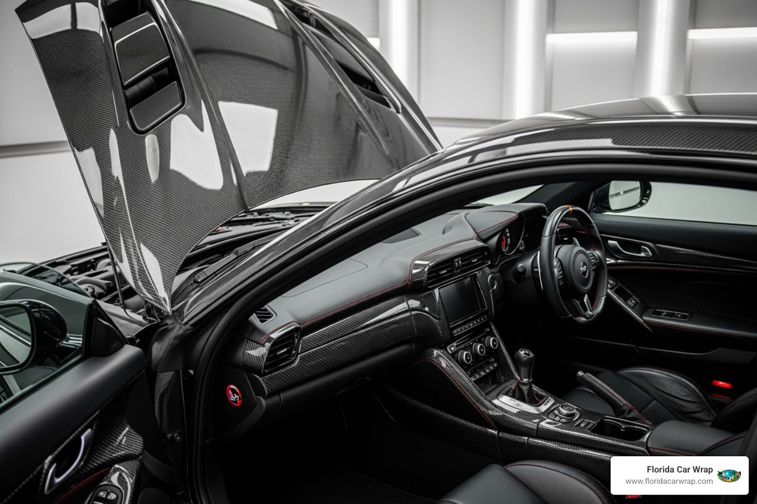 of a car with both hood and interior trim wrapped in carbon fiber - carbon fiber car wrap of a car with both hood and interior trim wrapped in carbon fiber - carbon fiber car wrap