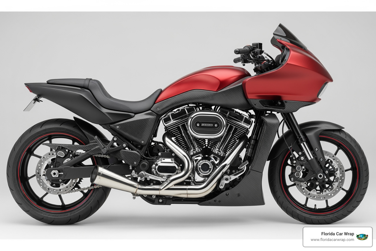 Motorcycle with various wrap finishes, including matte black, gloss red, and carbon fiber accents - motorcycle vinyl wrap Motorcycle with various wrap finishes, including matte black, gloss red, and carbon fiber accents - motorcycle vinyl wrap