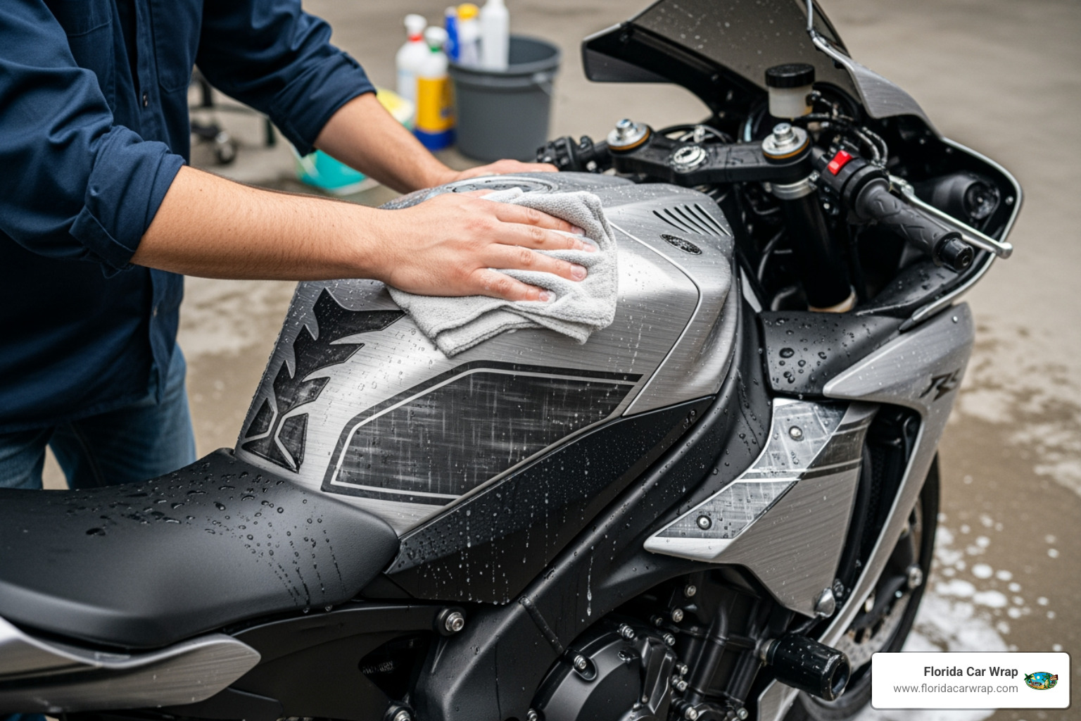 Person hand-washing a wrapped motorcycle with a soft mitt - motorcycle vinyl wrap Person hand-washing a wrapped motorcycle with a soft mitt - motorcycle vinyl wrap