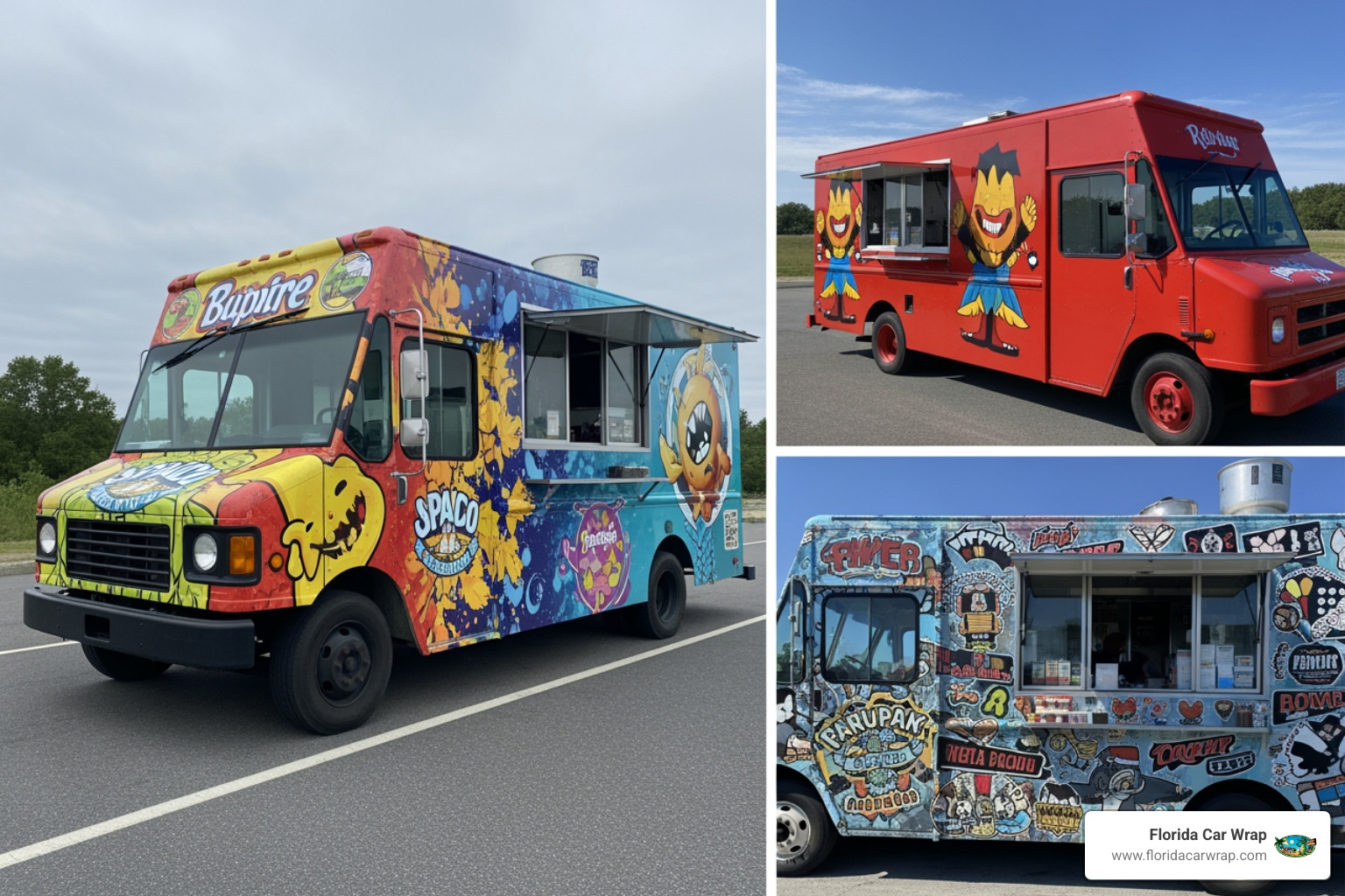 collage showing a full wrap, a partial wrap, and custom decals on different food trucks - food truck wraps