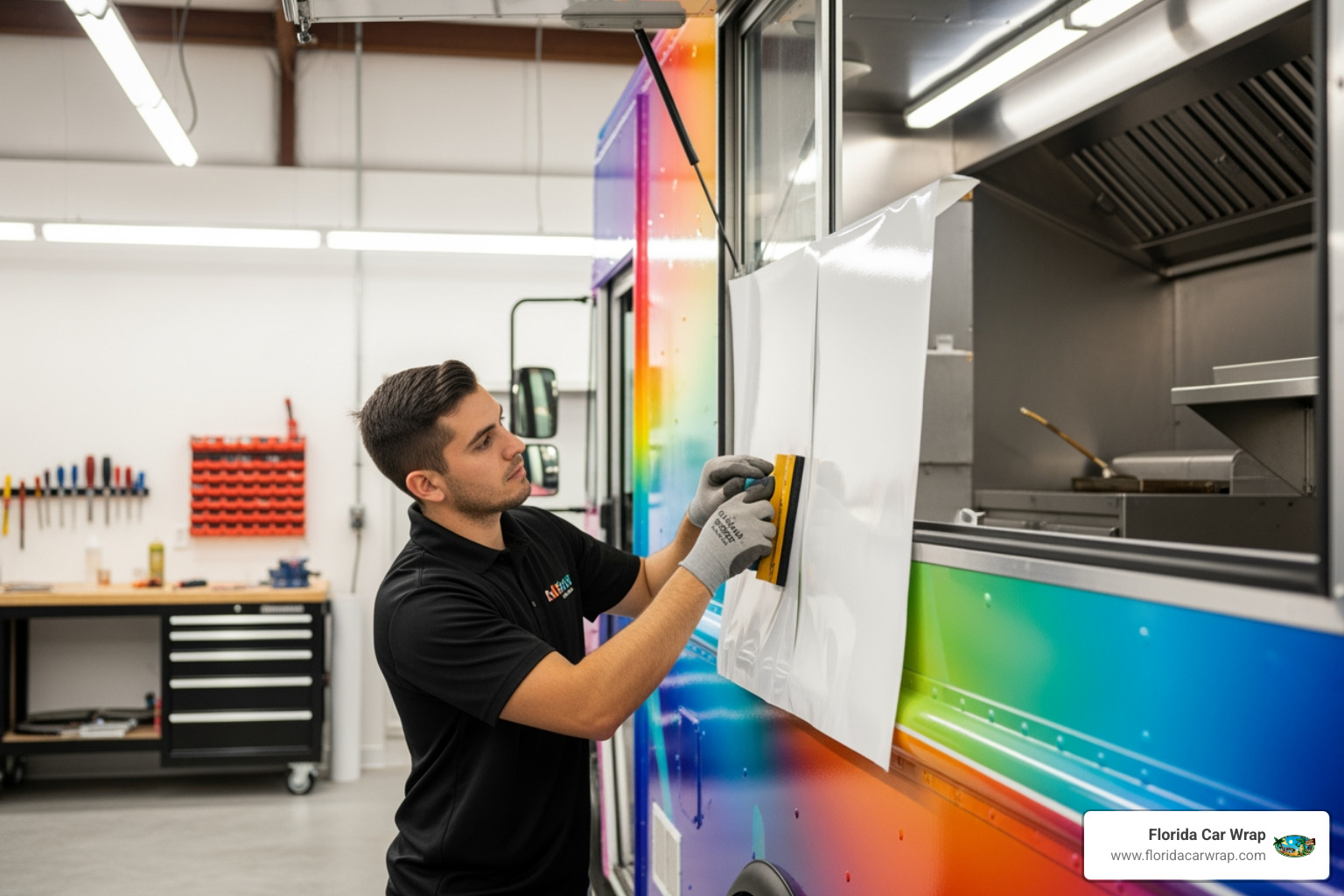 professional installer applying a vinyl wrap panel to a food truck in a clean facility - food truck wraps