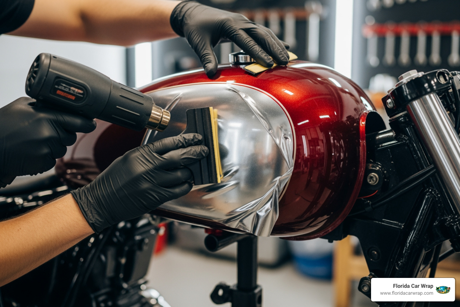 professional installer carefully applying vinyl to a motorcycle fuel tank - bike vinyl wrap near me professional installer carefully applying vinyl to a motorcycle fuel tank - bike vinyl wrap near me