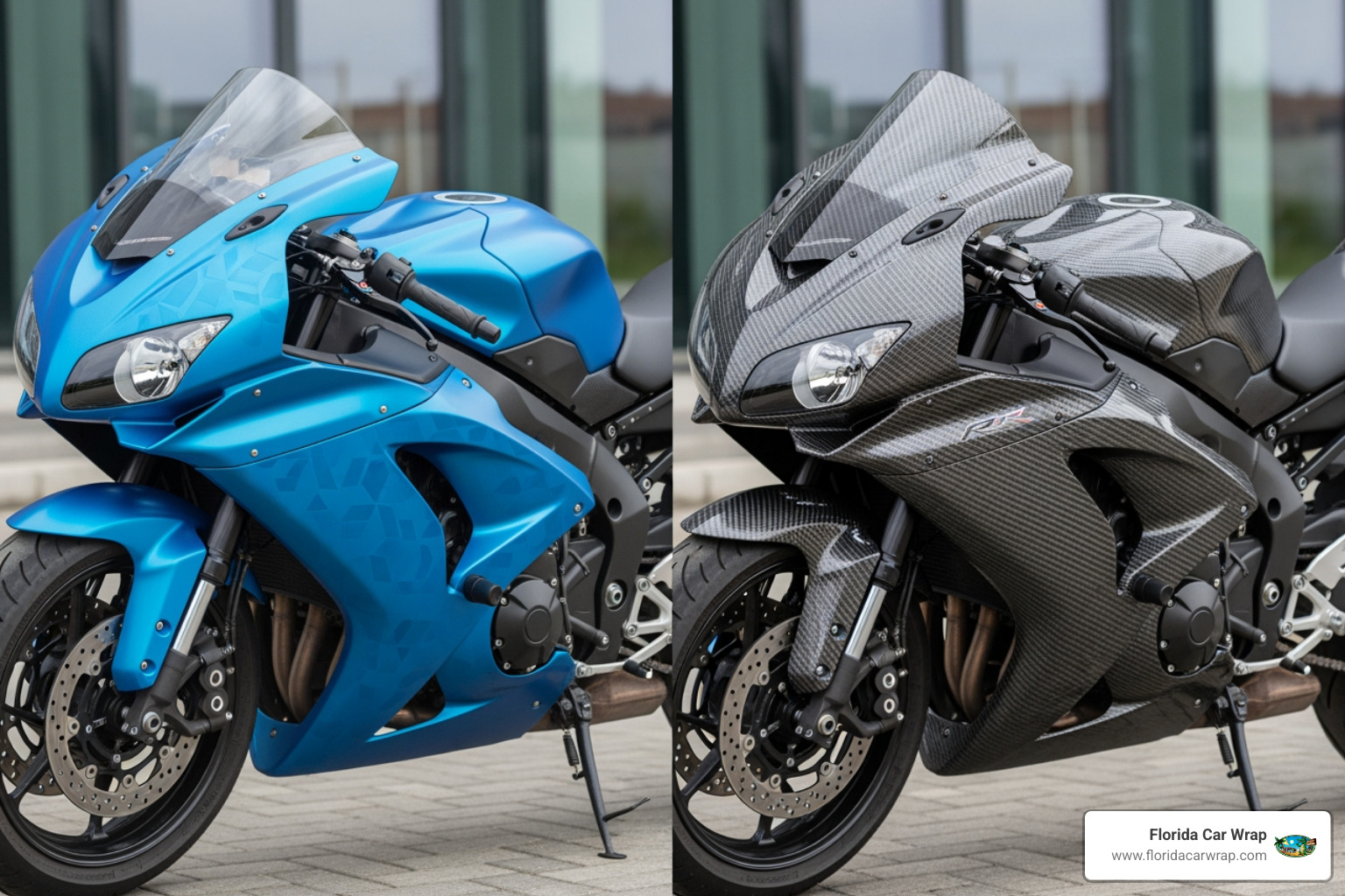 fully wrapped motorcycle next to one with only the tank and fairings wrapped - bike vinyl wrap near me fully wrapped motorcycle next to one with only the tank and fairings wrapped - bike vinyl wrap near me