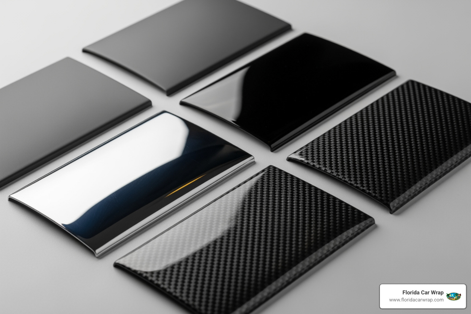 Image of vinyl swatches showing matte, gloss, chrome, and carbon fiber finishes - vehicle wrap cost calculator