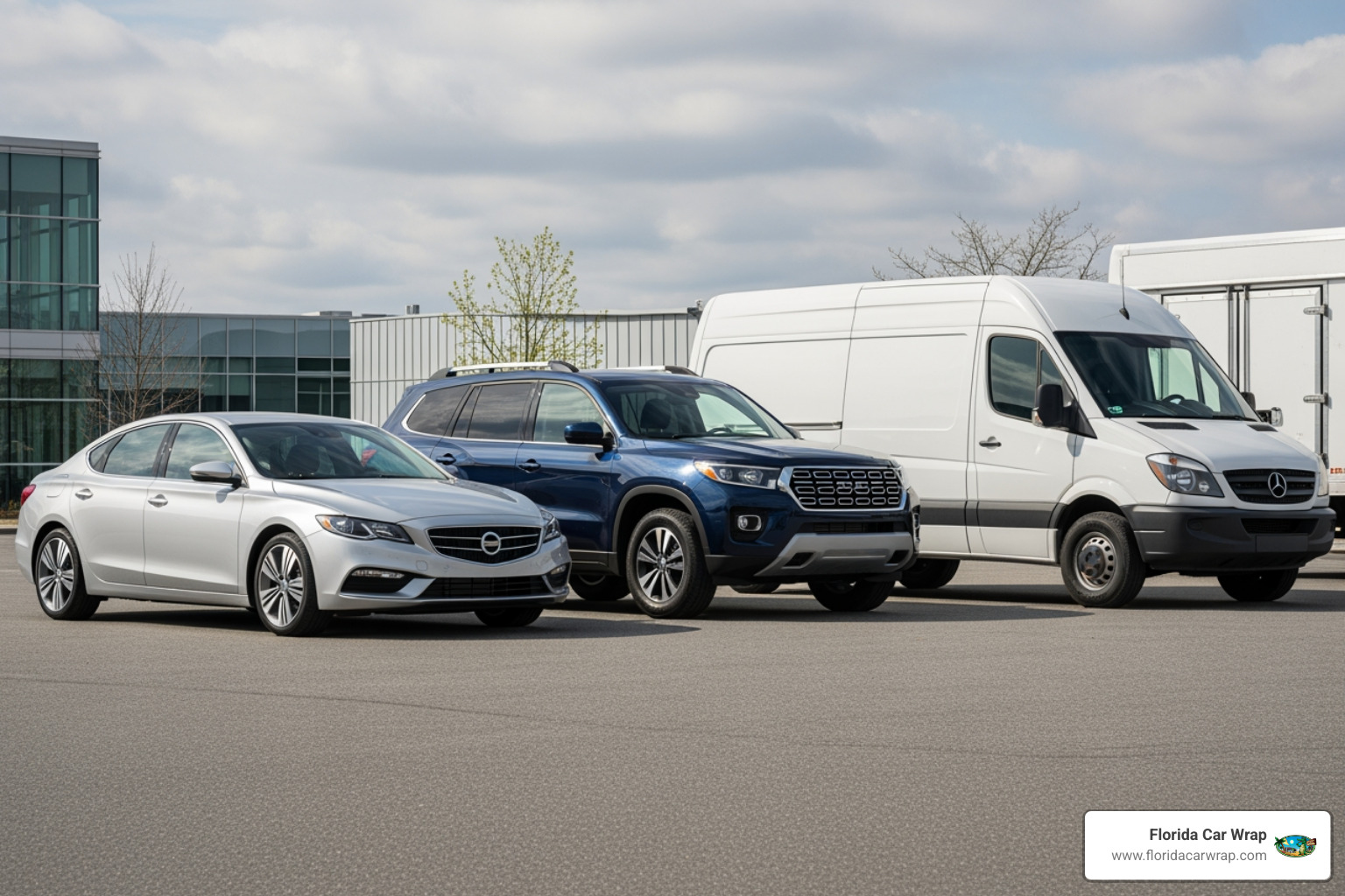 Image of a sedan, an SUV, and a cargo van side-by-side - vehicle wrap cost calculator