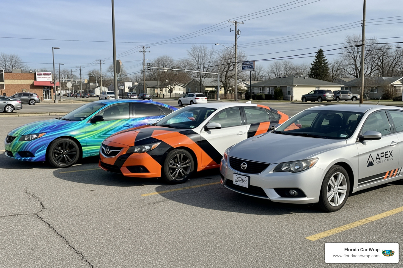 Image showing a car with a full wrap, a partial wrap, and simple decals - vehicle wrap cost calculator