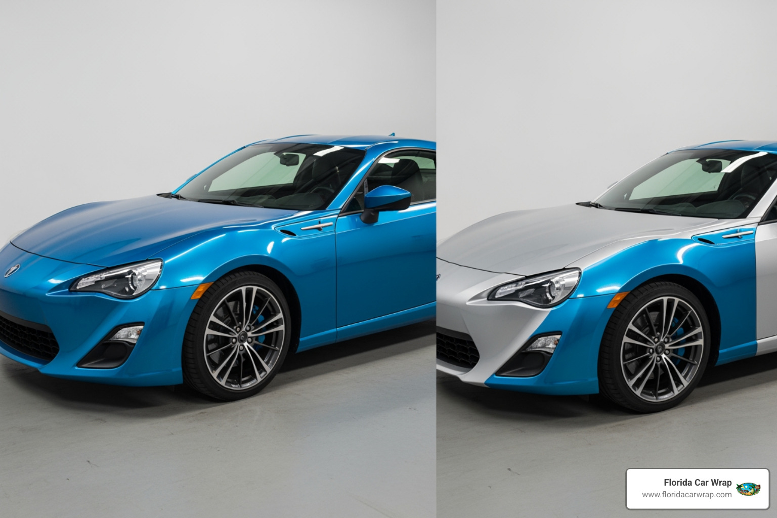 side-by-side comparison of a full wrap and a partial wrap on similar cars - custom car wraps cost