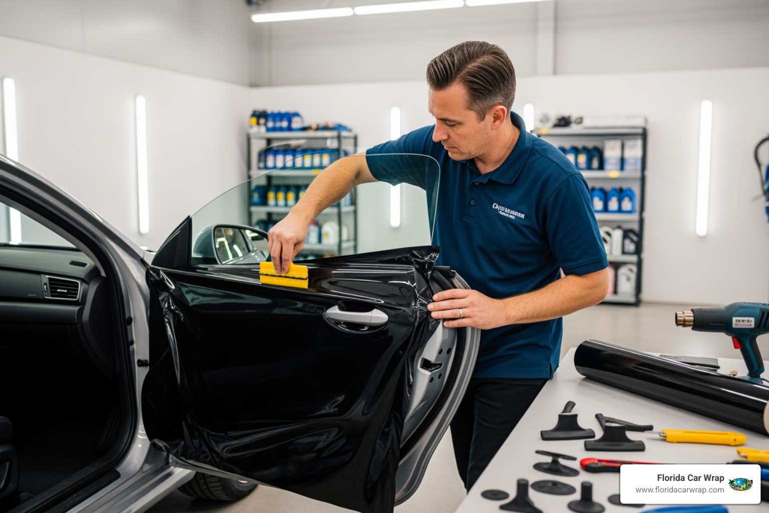 professional installer carefully applying a wrap to a car door - custom car wraps cost