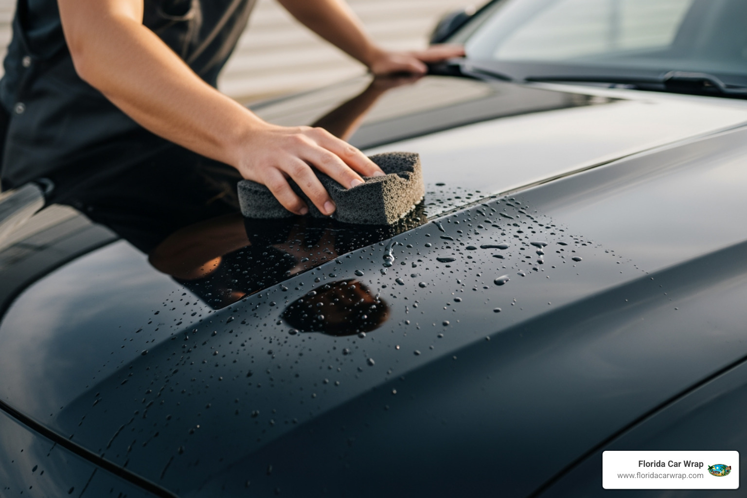 A person gently hand-washing the hood of a car wrapped in 3M gloss black vinyl, showing water beading off the sleek surface - 3m gloss black vinyl wrap near me A person gently hand-washing the hood of a car wrapped in 3M gloss black vinyl, showing water beading off the sleek surface - 3m gloss black vinyl wrap near me