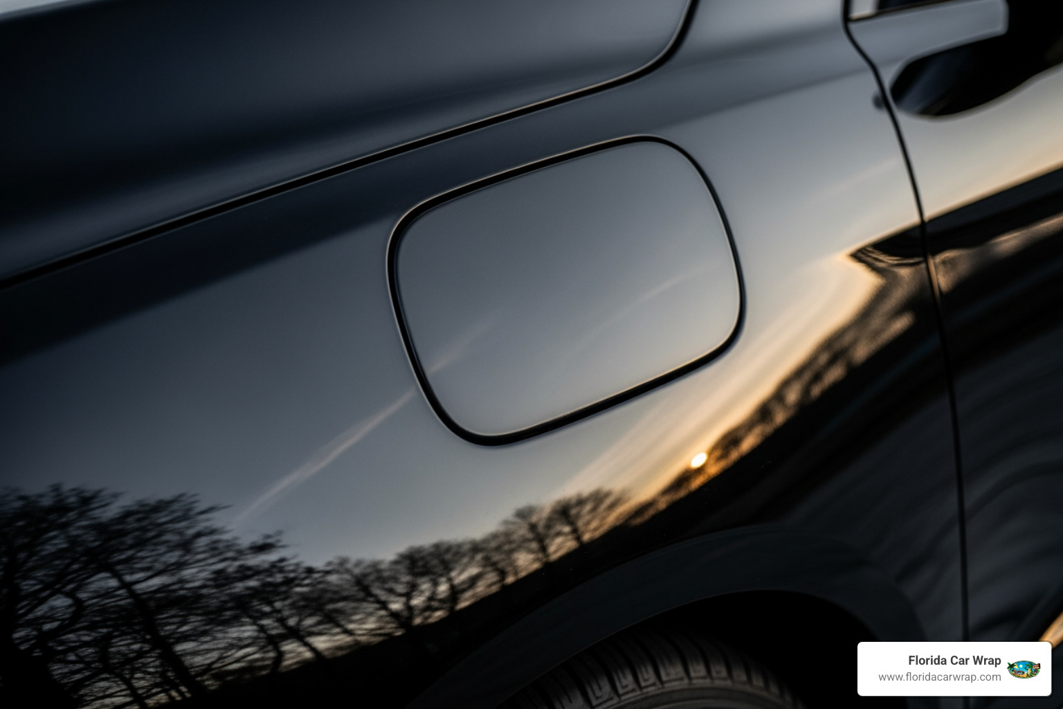 Close-up of a vehicle's surface wrapped in 3M 2080 gloss black vinyl, showing its deep, mirror-like reflection and smooth finish - 3m gloss black vinyl wrap near me Close-up of a vehicle's surface wrapped in 3M 2080 gloss black vinyl, showing its deep, mirror-like reflection and smooth finish - 3m gloss black vinyl wrap near me