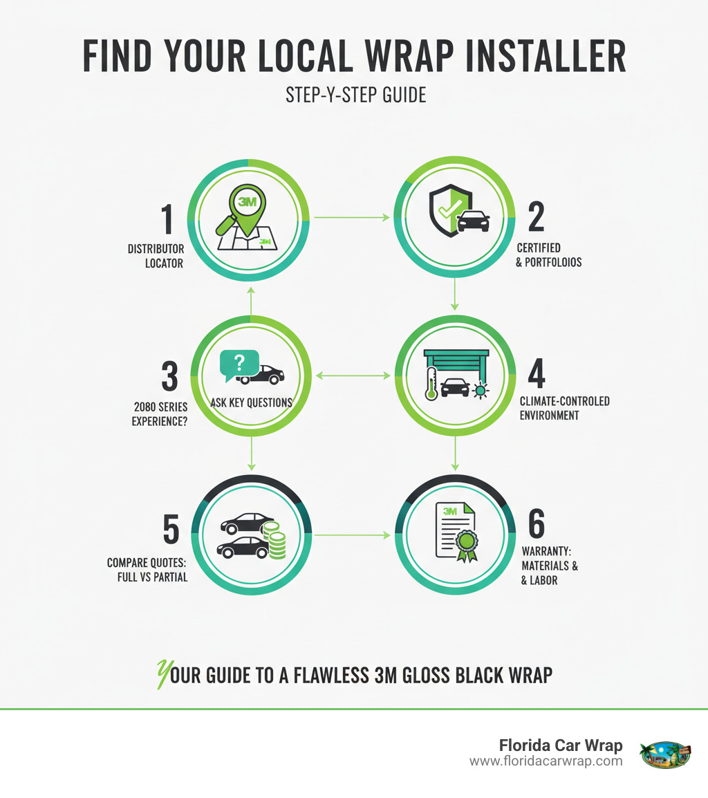 Infographic showing the step-by-step process for finding a local 3M gloss black vinyl wrap installer, including: searching the 3M distributor locator, checking installer certifications and portfolios, asking key questions about 3M 2080 Series experience, verifying climate-controlled installation environment, comparing quotes for full vs partial wrap costs, and confirming warranty coverage for both materials and labor - 3m gloss black vinyl wrap near me infographic Infographic showing the step-by-step process for finding a local 3M gloss black vinyl wrap installer, including: searching the 3M distributor locator, checking installer certifications and portfolios, asking key questions about 3M 2080 Series experience, verifying climate-controlled installation environment, comparing quotes for full vs partial wrap costs, and confirming warranty coverage for both materials and labor - 3m gloss black vinyl wrap near me infographic