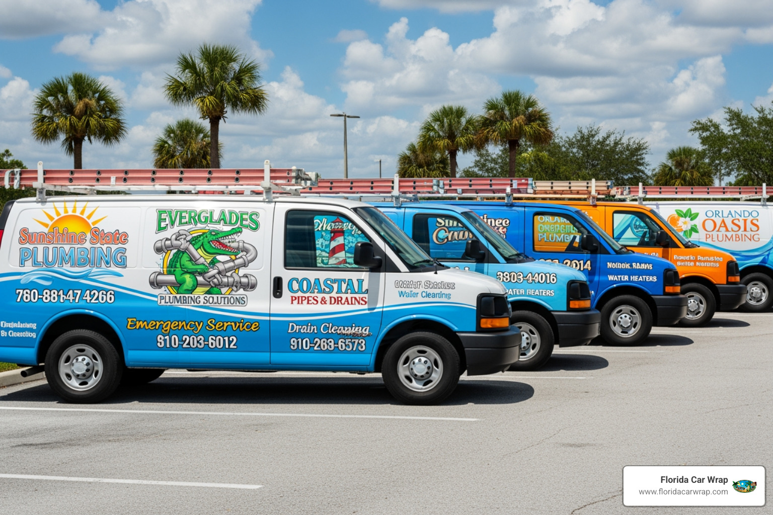fleet of wrapped plumbing vans in Florida - Car wrap advertising Florida