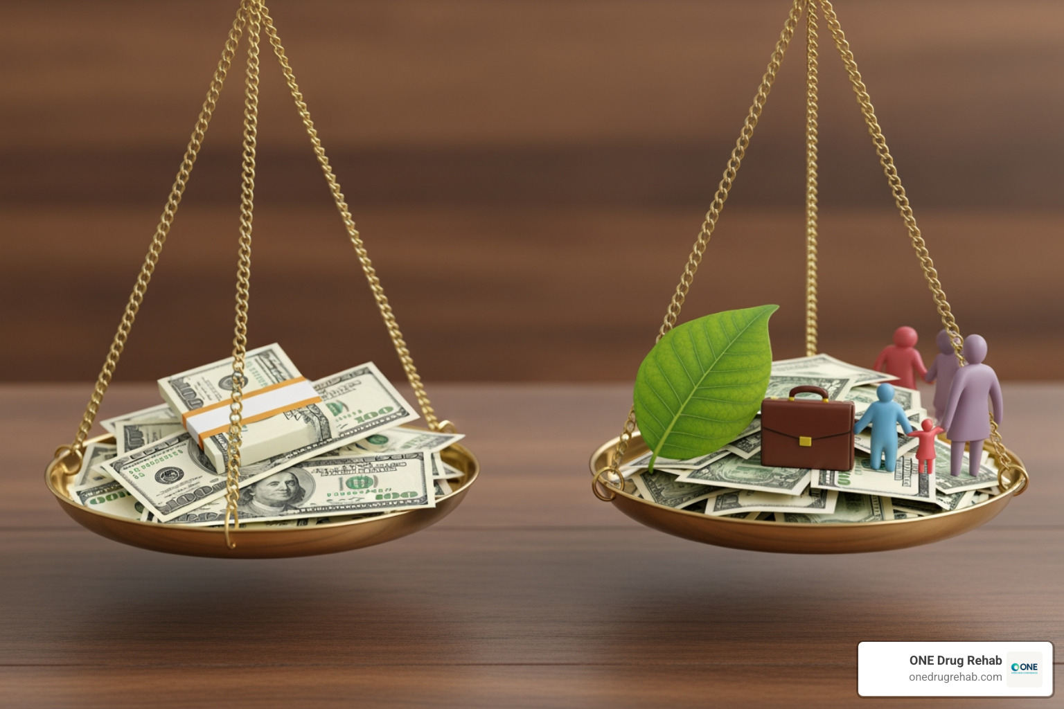 showing a scale balancing a small pile of money labeled "Rehab Cost" against a larger pile of benefits labeled "Health, Job, Family" - how much rehab