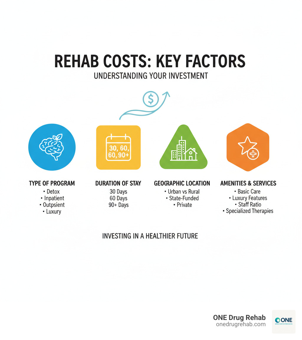Infographic showing four main factors affecting rehab costs: Type of Program (detox, inpatient, outpatient, luxury), Duration of Stay (30, 60, 90+ days), Geographic Location (urban vs rural, state-funded vs private), and Amenities & Services (basic care vs luxury features, staff ratio, specialized therapies) - how much rehab infographic 