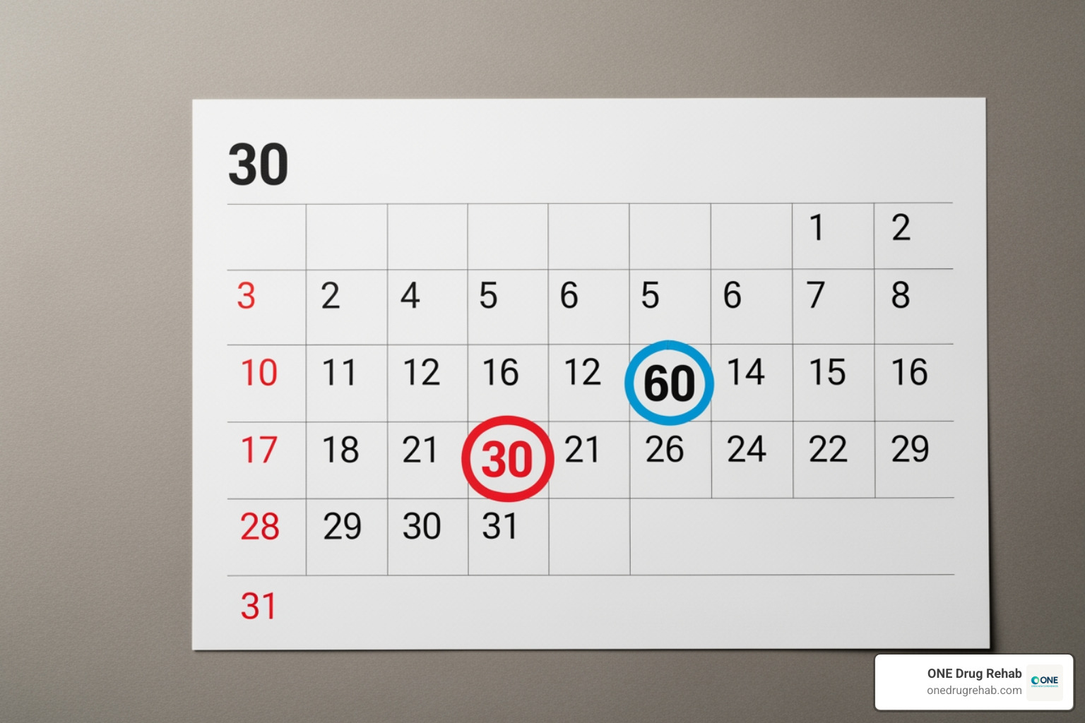 of a calendar with different program lengths highlighted (30, 60, 90 days) - how much rehab