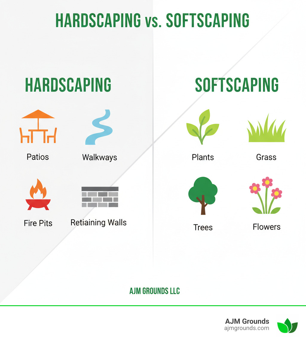 infographic showing the difference between hardscaping elements like patios walkways retaining walls and fire pits versus softscaping elements like plants grass trees and flowers with icons representing each category - hardscape companies near me infographic infographic showing the difference between hardscaping elements like patios walkways retaining walls and fire pits versus softscaping elements like plants grass trees and flowers with icons representing each category - hardscape companies near me infographic