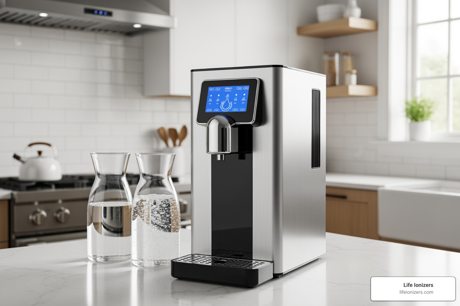 Life Ionizers water ionizer on a kitchen counter - what are the benefits to drinking hydrogen water Life Ionizers water ionizer on a kitchen counter - what are the benefits to drinking hydrogen water