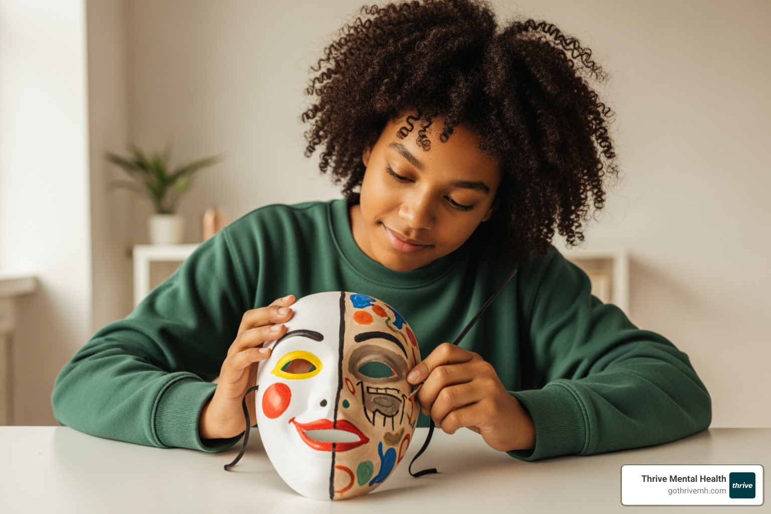 teenager decorating a two-sided mask, one side bright and smiling, the other somber and abstract - art therapy activity for teenager with depression