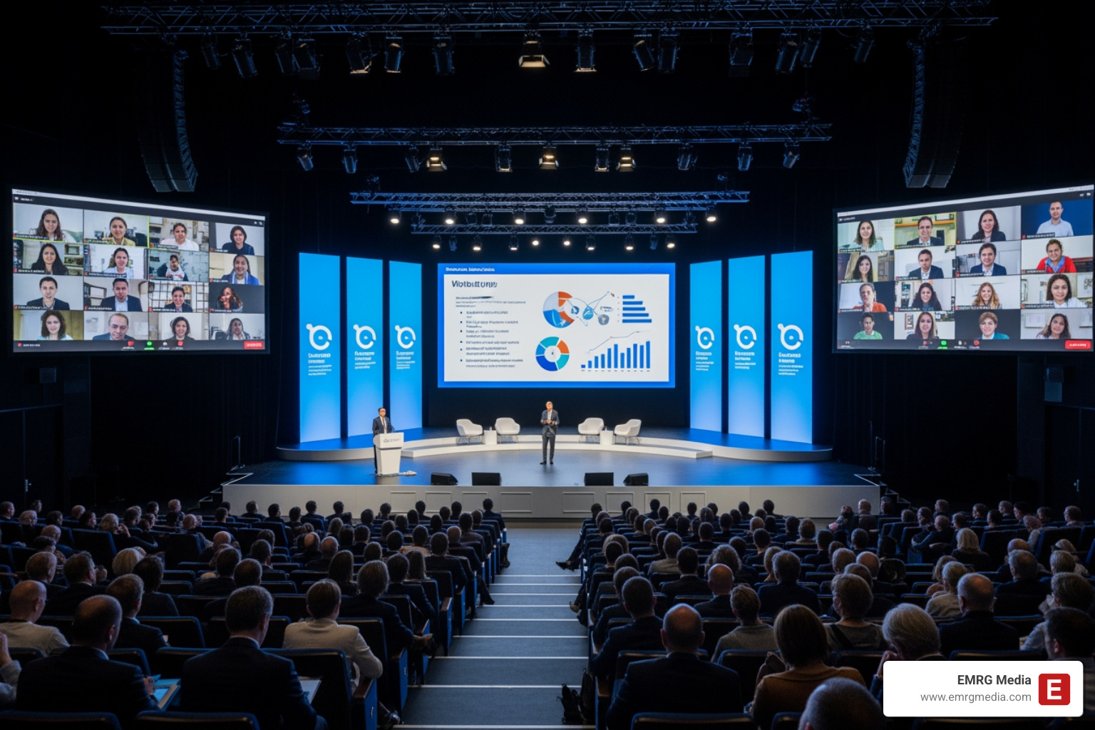 Hybrid event setup with screens and a live audience - event planning companies new york Hybrid event setup with screens and a live audience - event planning companies new york