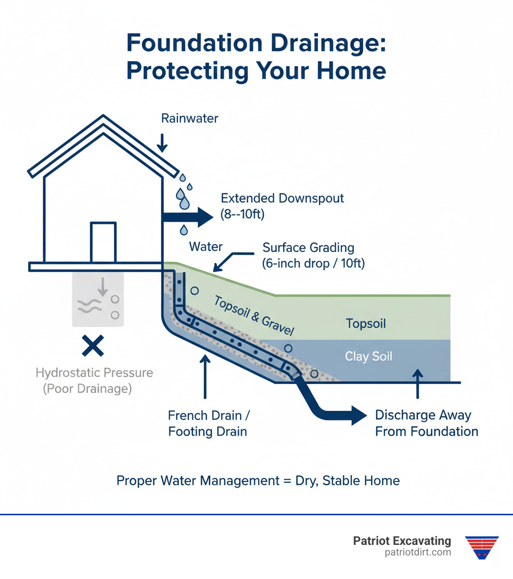 infographic showing water flow from roof through gutters, ground surface, and subsurface layers toward foundation, with arrows indicating proper drainage paths away from structure - drainage work around foundation infographic 