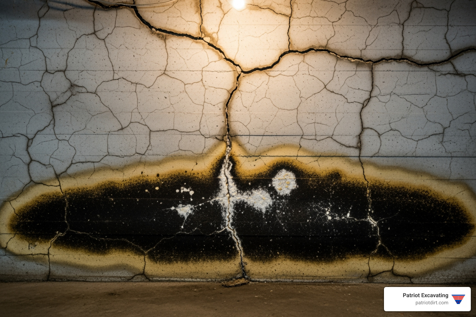 cracked and water-stained basement wall - drainage work around foundation