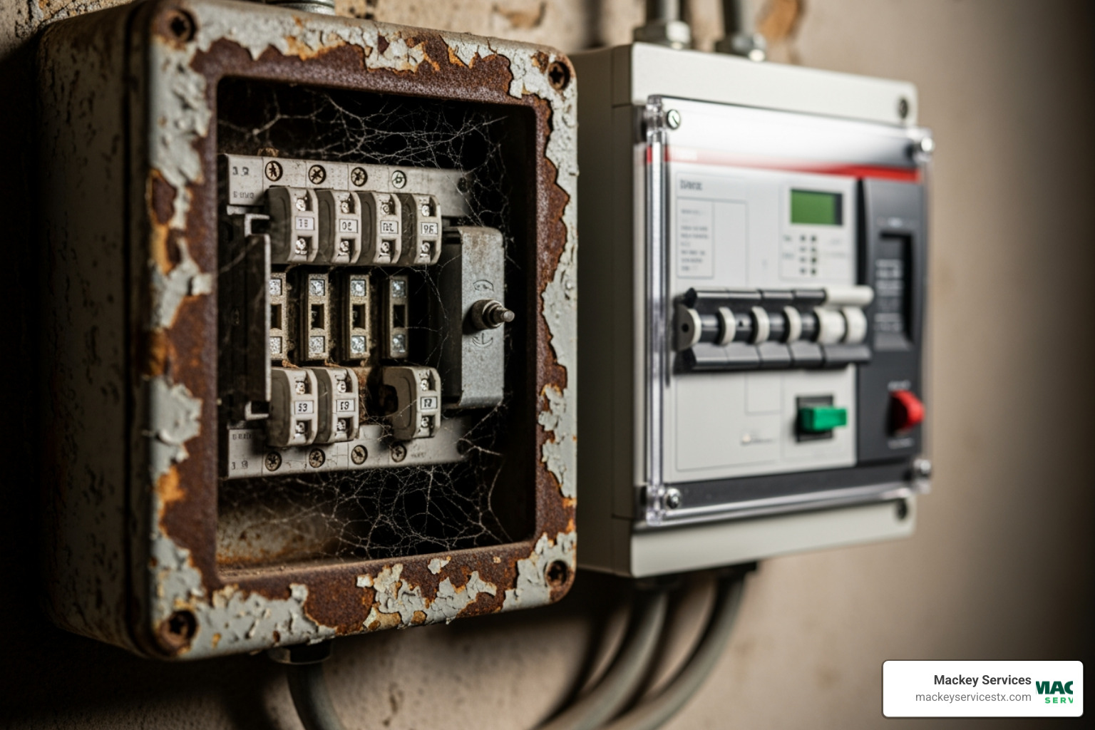 Old, corroded fuse box next to a modern circuit breaker panel - electrical repair pearland tx