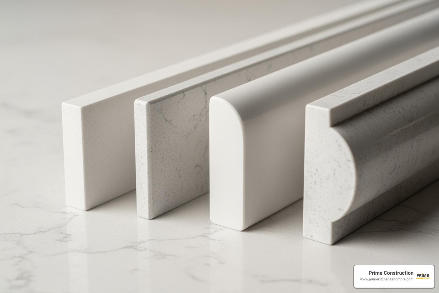 four different quartz countertop edge profiles with labels (e.g., Eased, Beveled, Half Bullnose, Ogee) - quartz countertops Orlando FL