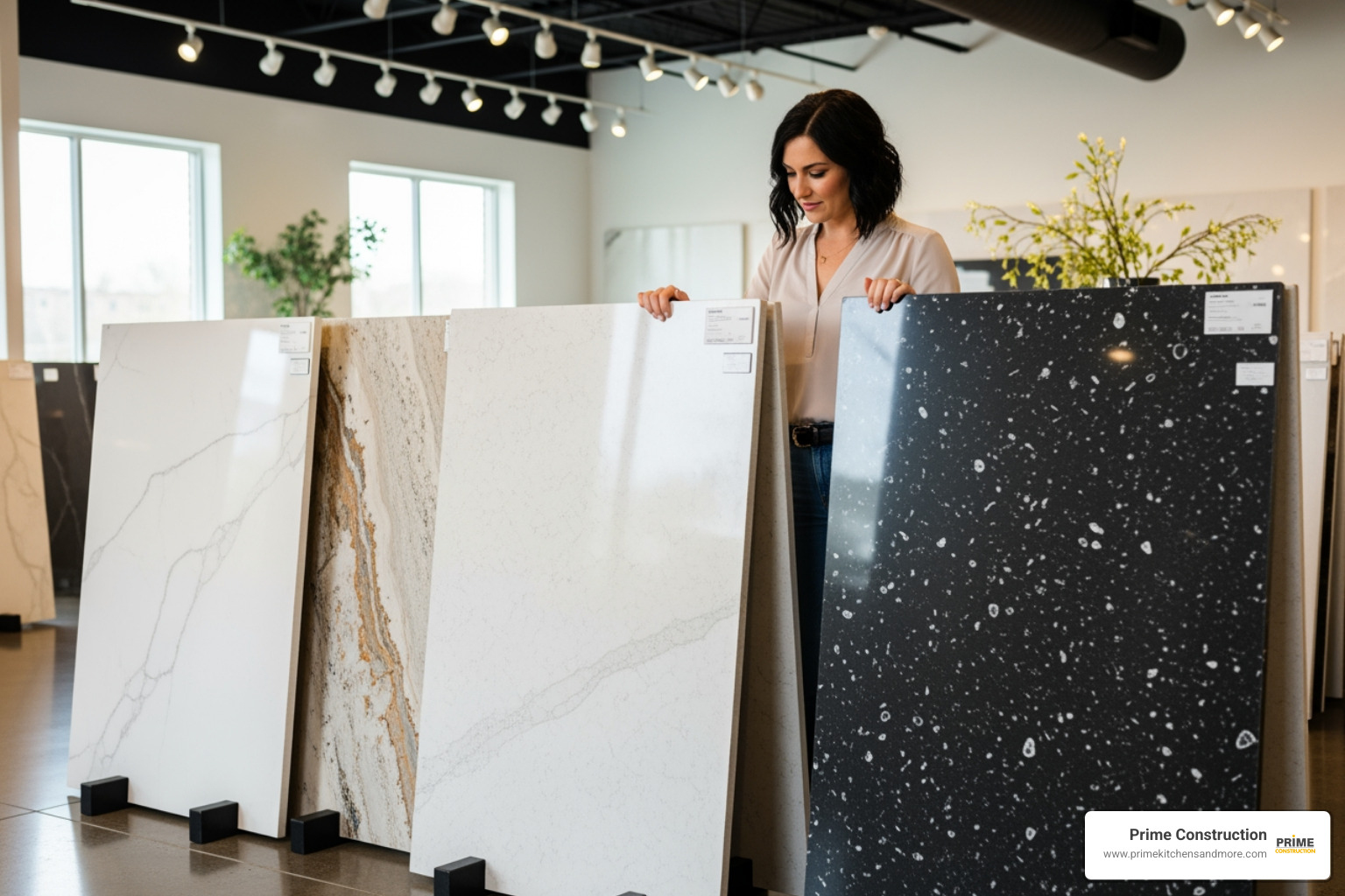 homeowner looking at large quartz slab samples in a well-lit Orlando showroom - quartz countertops Orlando FL