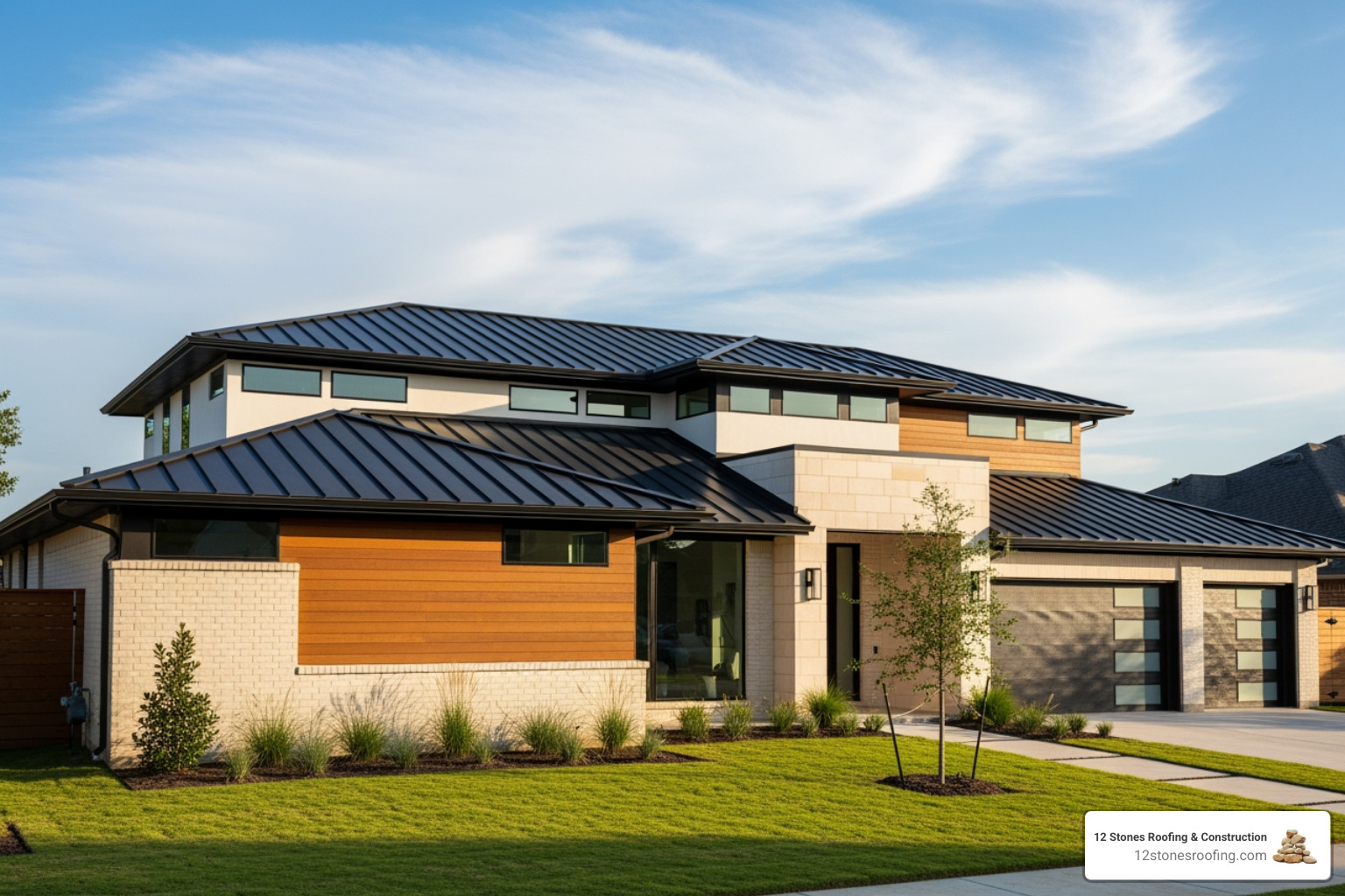 Residential home in Pasadena, TX with a sleek, dark-colored standing seam metal roof - metal roof installation service