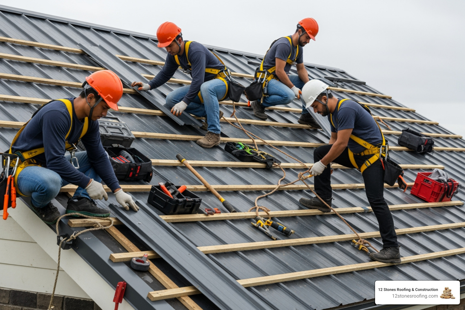 Professional roofing crew safely working on a roof, with proper safety gear and organized materials - metal roof installation service