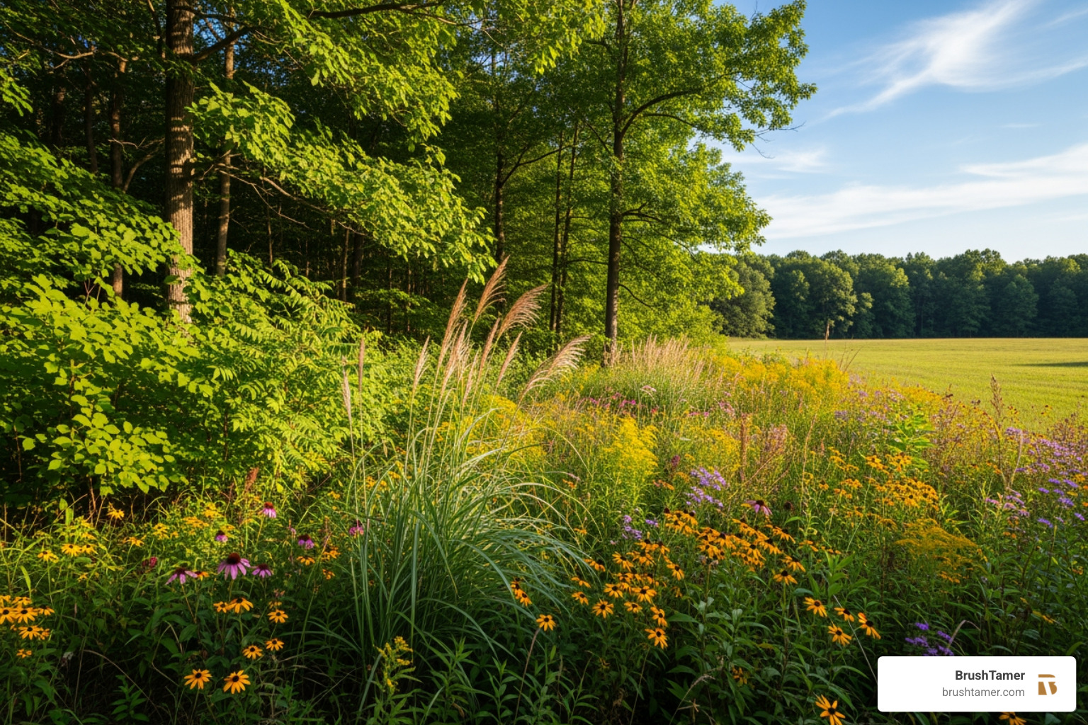 Soft edge transition zone between a forest and a field, rich with shrubs and grasses - forestry and wildlife management