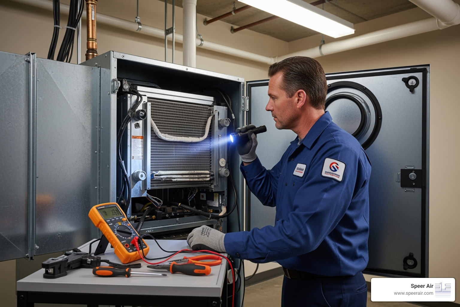 technician inspecting an office's indoor air handler unit - office hvac northern nj technician inspecting an office's indoor air handler unit - office hvac northern nj