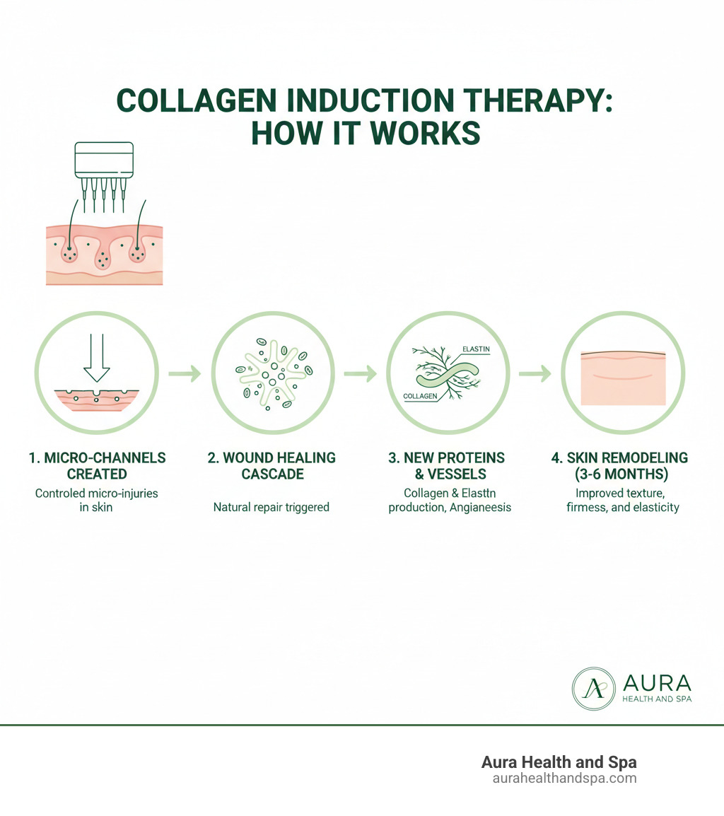 infographic showing how microneedling creates micro-channels in the skin that trigger the wound healing cascade, leading to increased collagen production, elastin formation, and new blood vessel growth over 3-6 months - collagen induction therapy infographic 