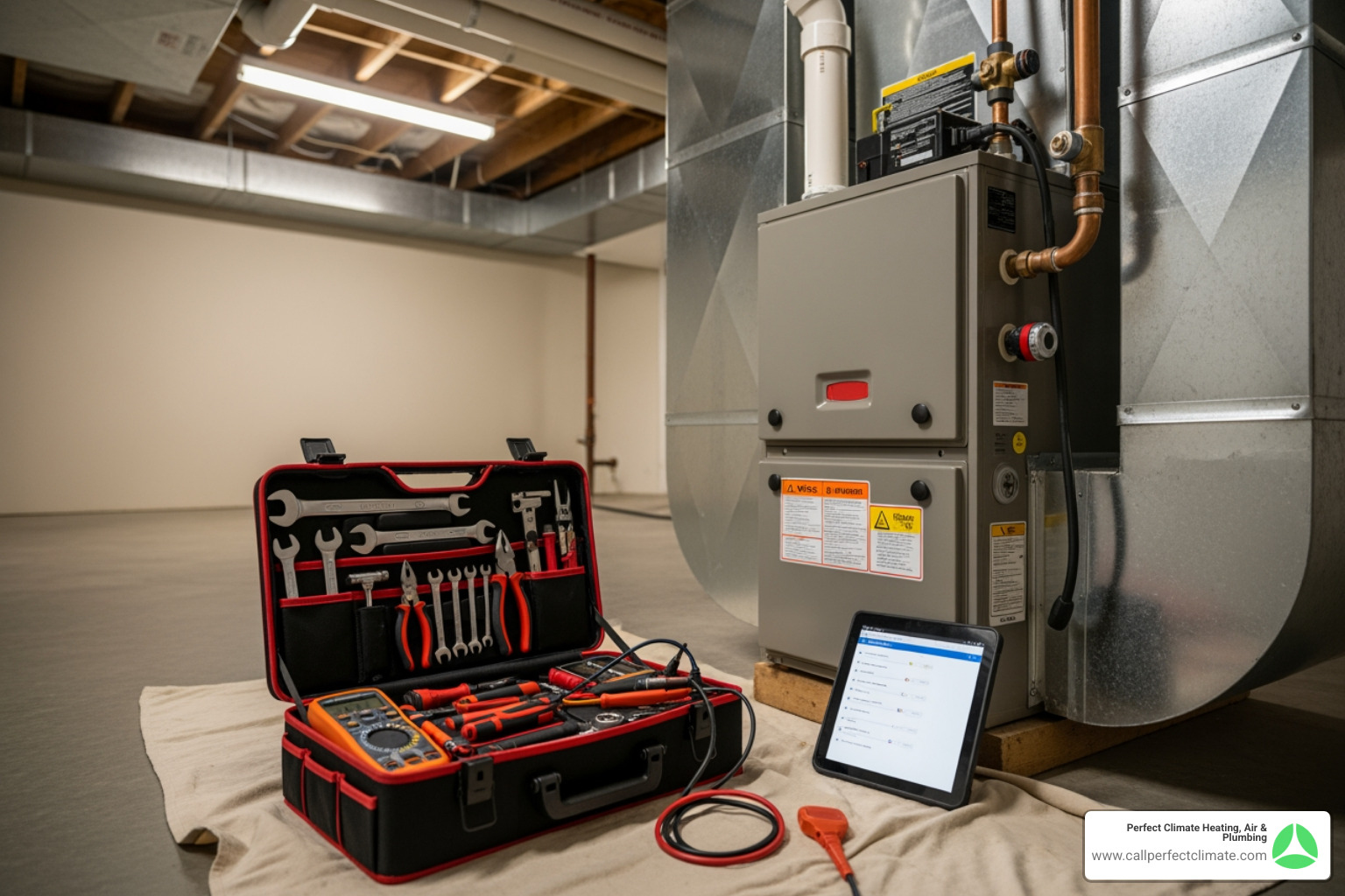 Technician's toolkit next to a furnace - heating maintenance in newburgh in