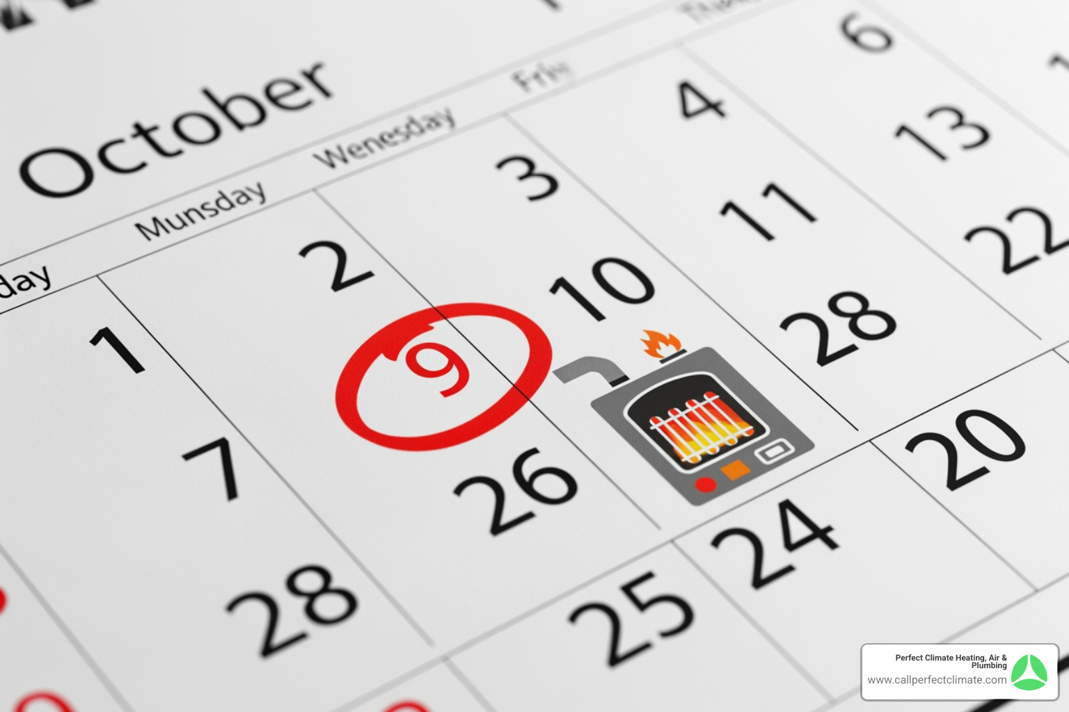 Calendar with a furnace icon circled in autumn - heating maintenance in newburgh in