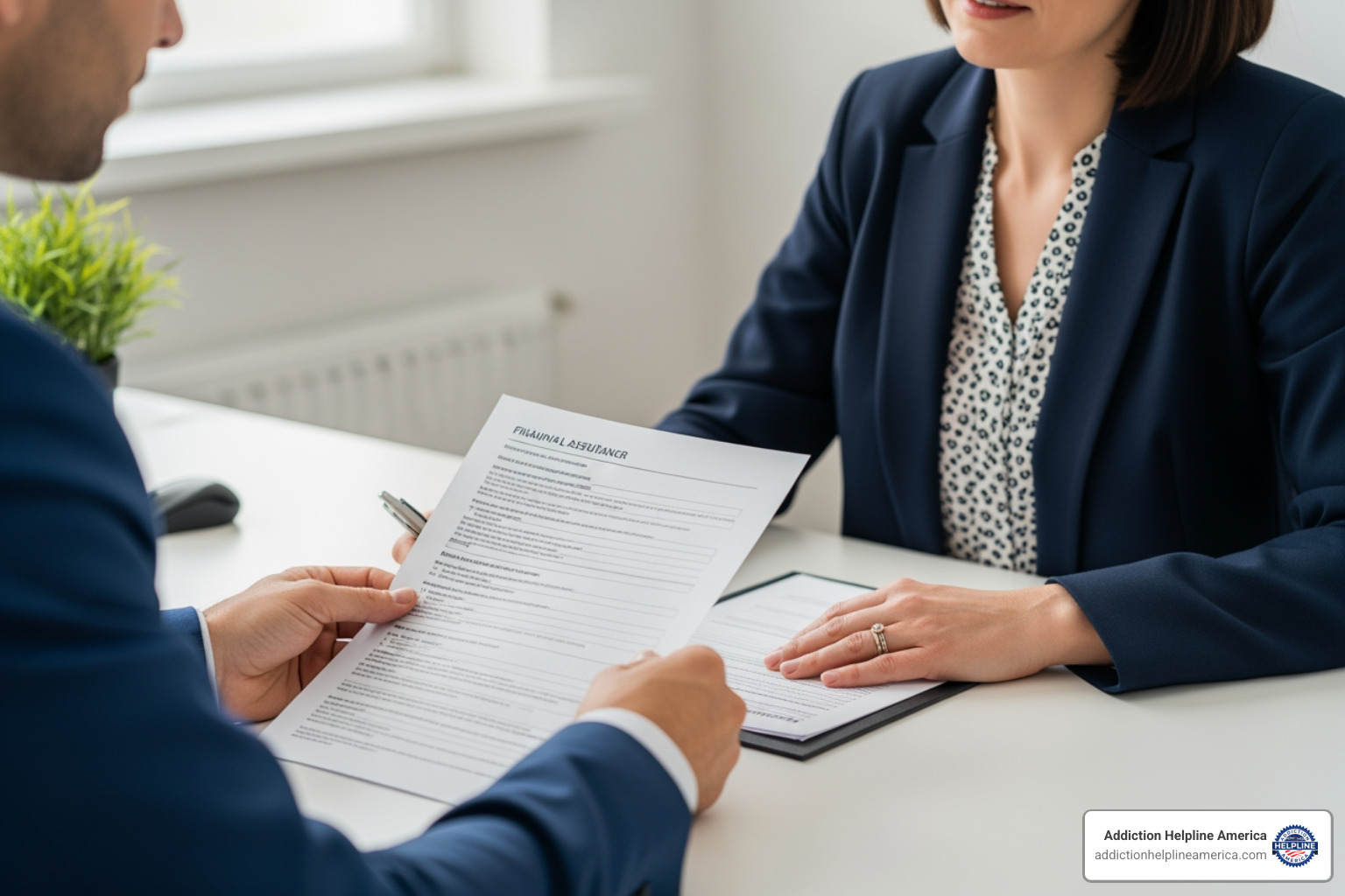 A person reviewing financial aid paperwork with a counselor, highlighting the process of securing financial assistance for treatment - rehab facilities in new orleans