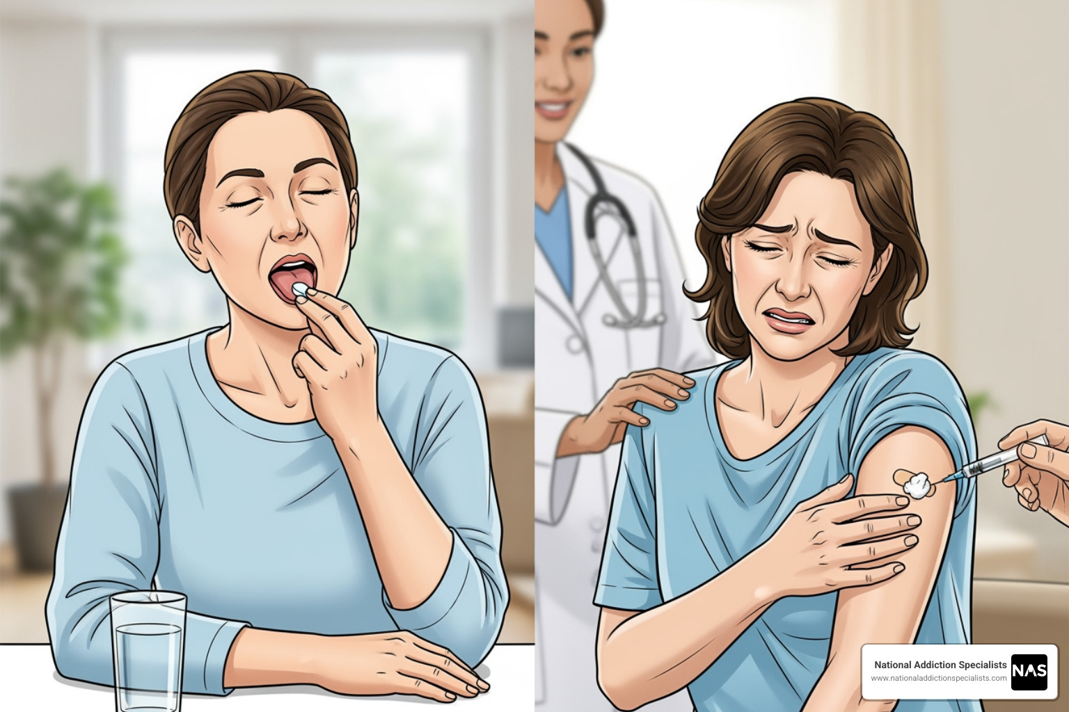 Image illustrating the difference in effect between sublingual use (buprenorphine active, naloxone inactive) and intravenous misuse (naloxone active, buprenorphine blocked, causing withdrawal) - Naloxone and buprenorphine